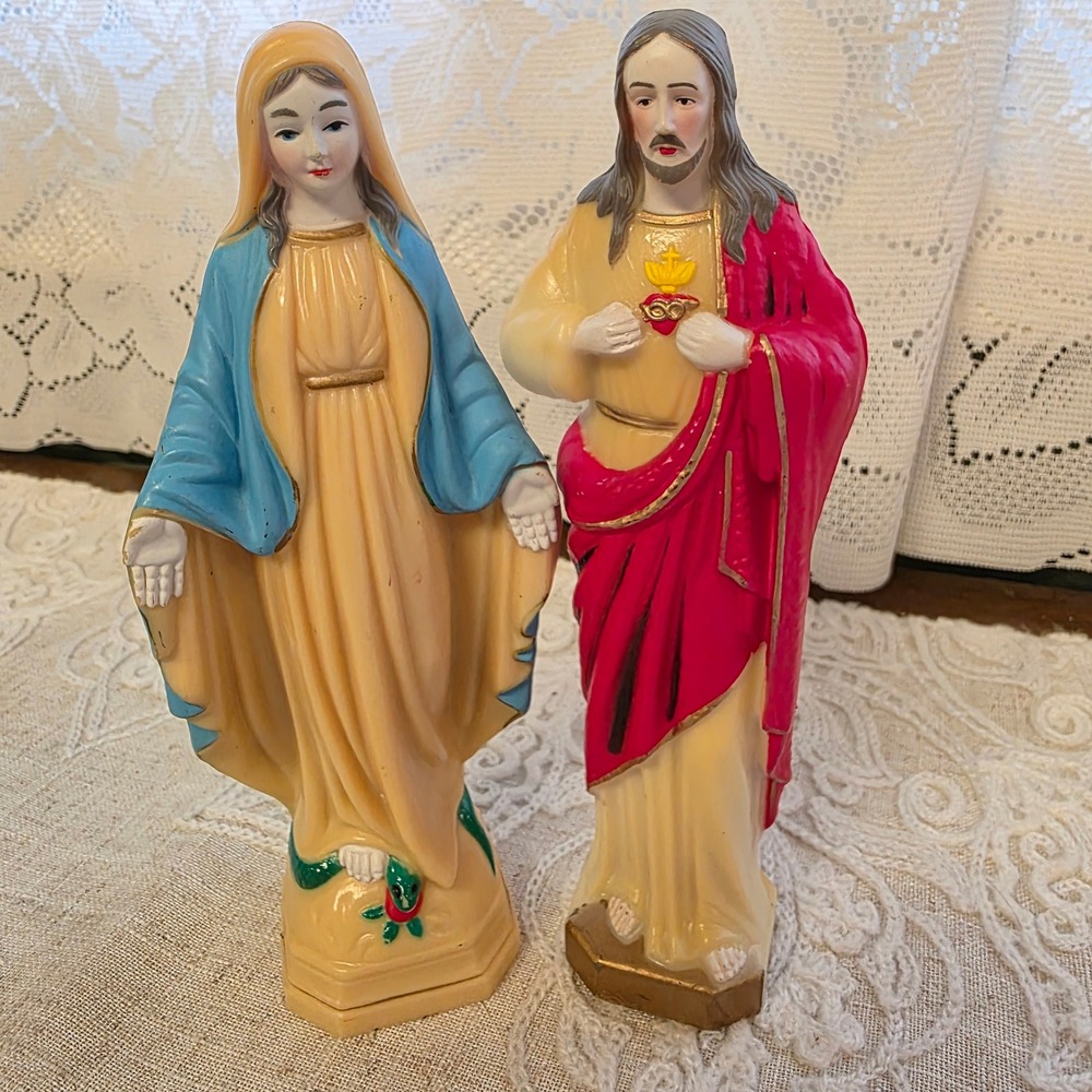 Vintage Plastic Religious Figurines Set 6" Virgin Mary Sacred Heart Jesus Peace